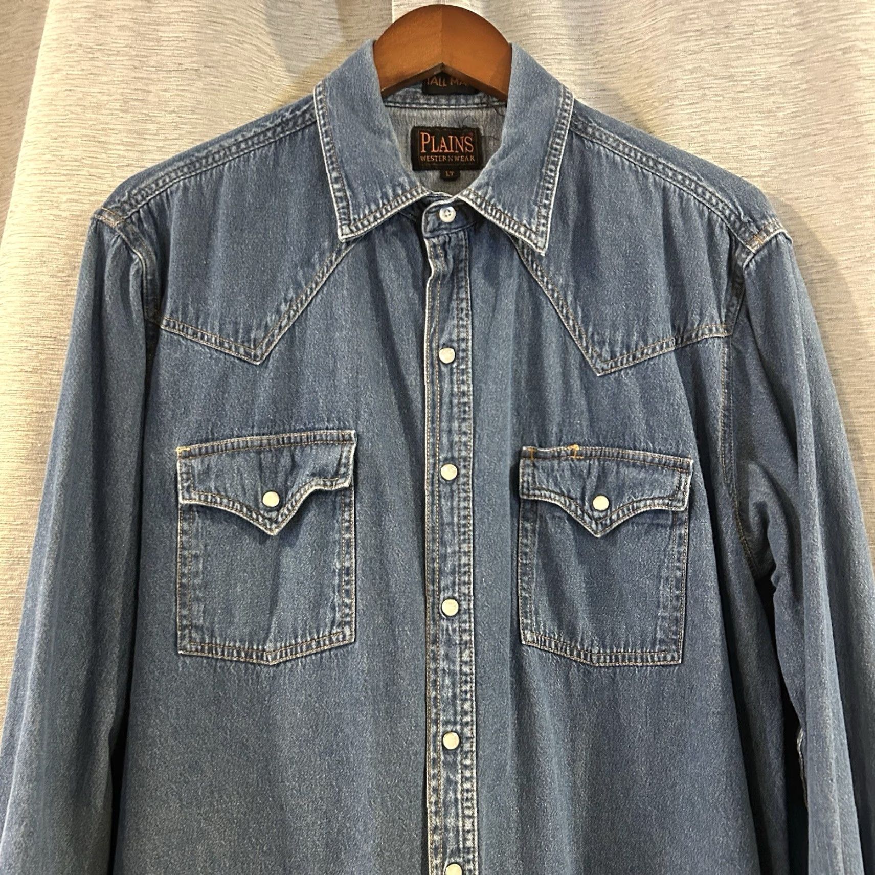 Denime VINTAGE Plains Western Wear Denim Shirt Mens L Pearl Snap Sawtooth Western Cowboy 90s Jeans Blue Button-Up Pocketed Collared Long Sleeve Size US L / EU 52-54 / 3 - 3 Thumbnail