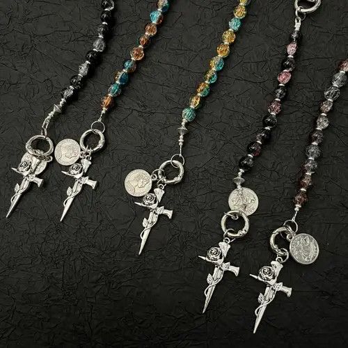 Jewelry Silver Beaded Keychain with Rose and Dagger Charms Size ONE SIZE - 4 Thumbnail