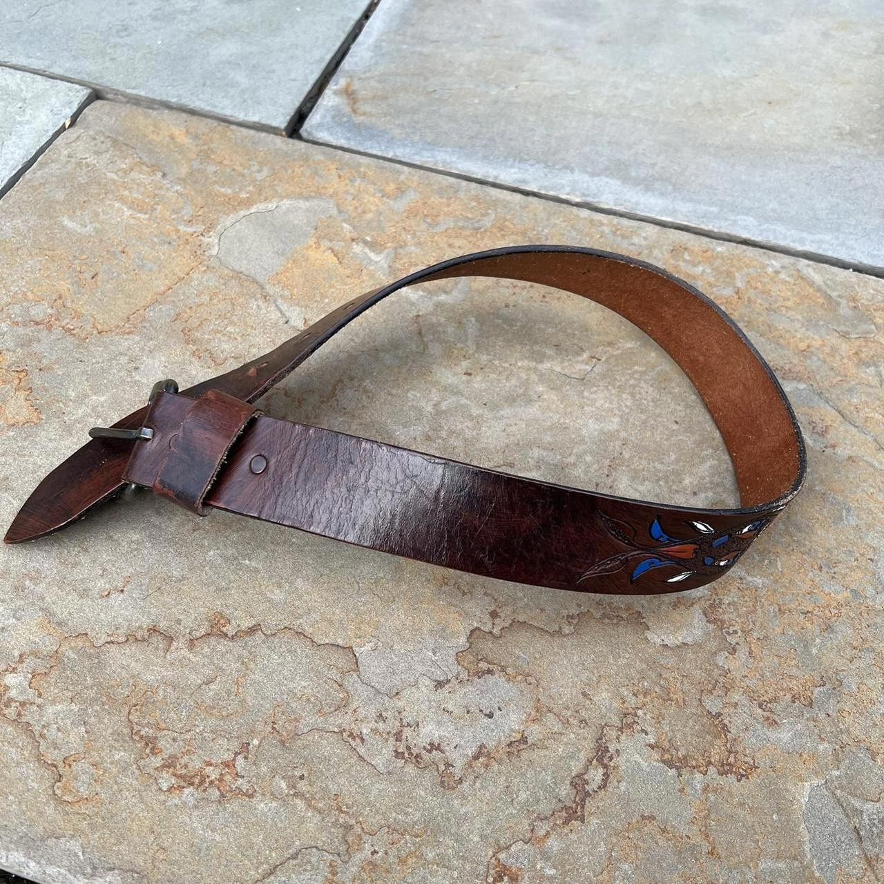 Designer Y2K Hand Tooled/Painted Brown Leather Belt Size ONE SIZE - 7 Thumbnail