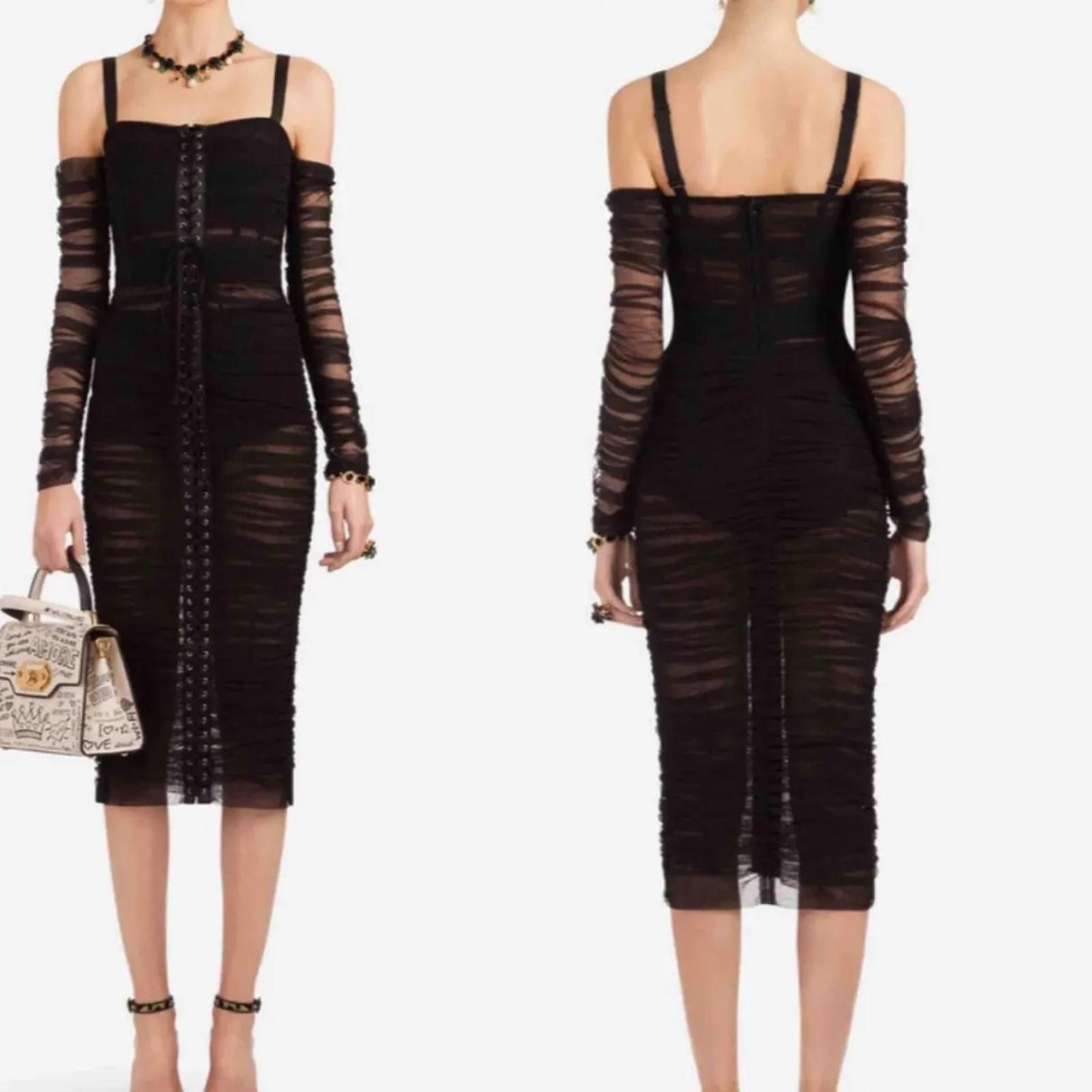 Dolce & Gabbana Dolce & Gabbana LACE-UP STRETCH-TULLE MIDI DRESS IN BLACK Size XS / US 0-2 / IT 36-38 - 1 Thumbnail
