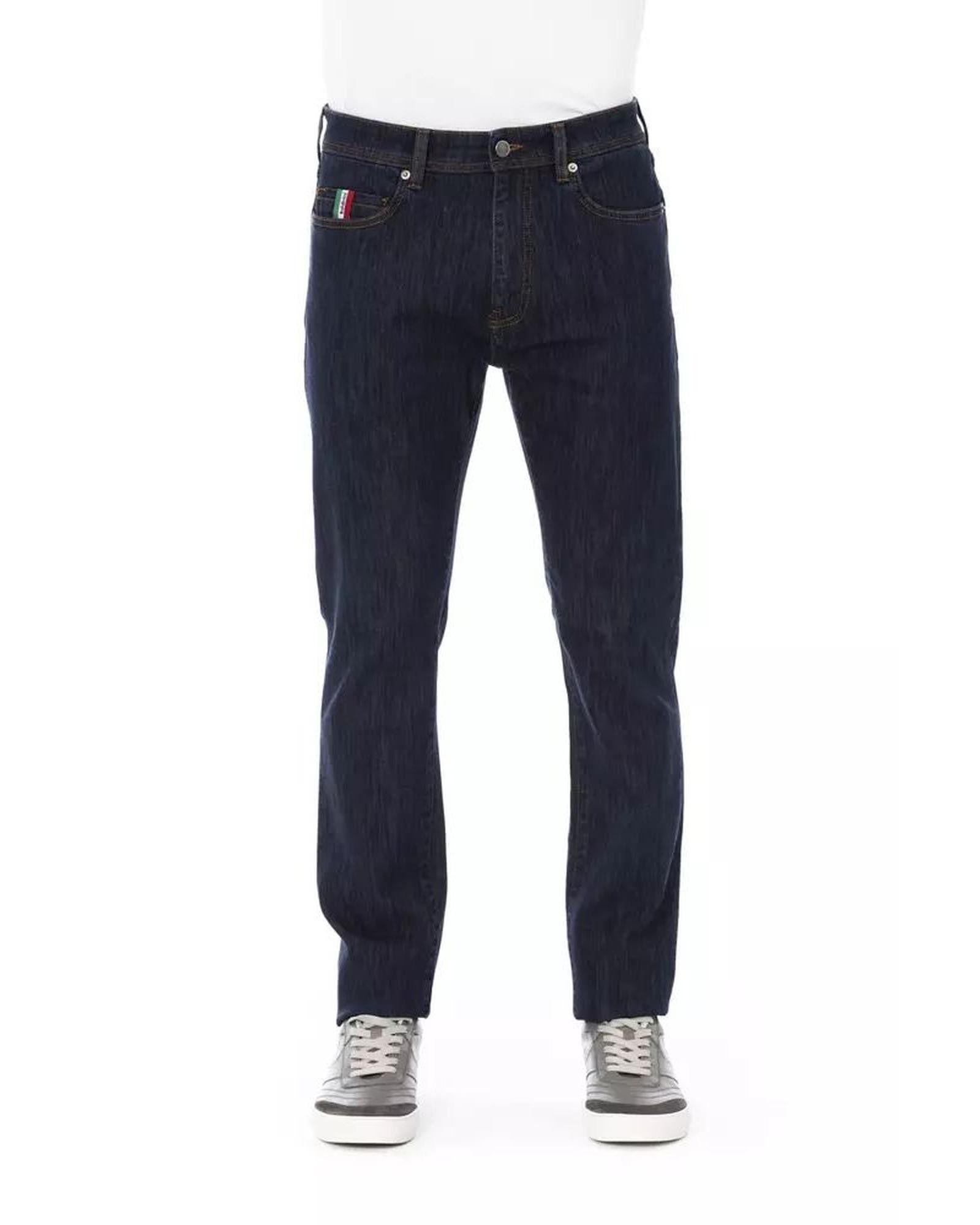 image of Baldinini Regular Cotton Jeans With Logo Button And Tricolor Detail in Blue, Men's (Size 32)