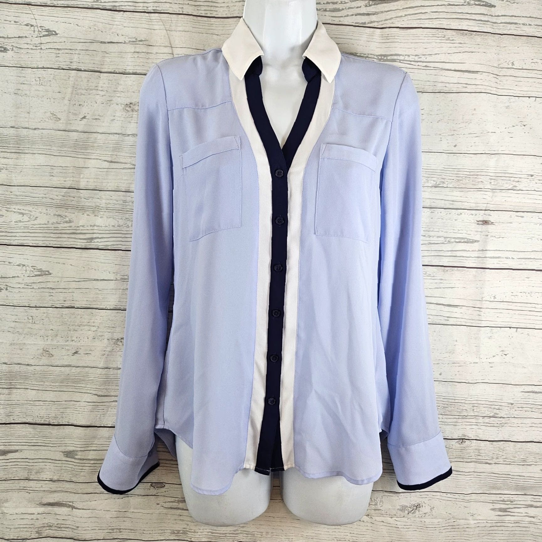 Express Express Womens Portofino Button Up Shirt XS Blue White Tabbed Long Sleeve Shirt Womens XS Blue Portofino Button-Up Shirt Size XS / US 0-2 / IT 36-38 - 2 Thumbnail
