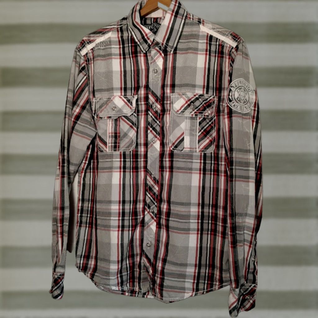 Affliction Affliction Black Premium Shirt Medium Gray Red Black Plaid Button Embroidered Size US M / EU 48-50 / 2 - 1 Thumbnail