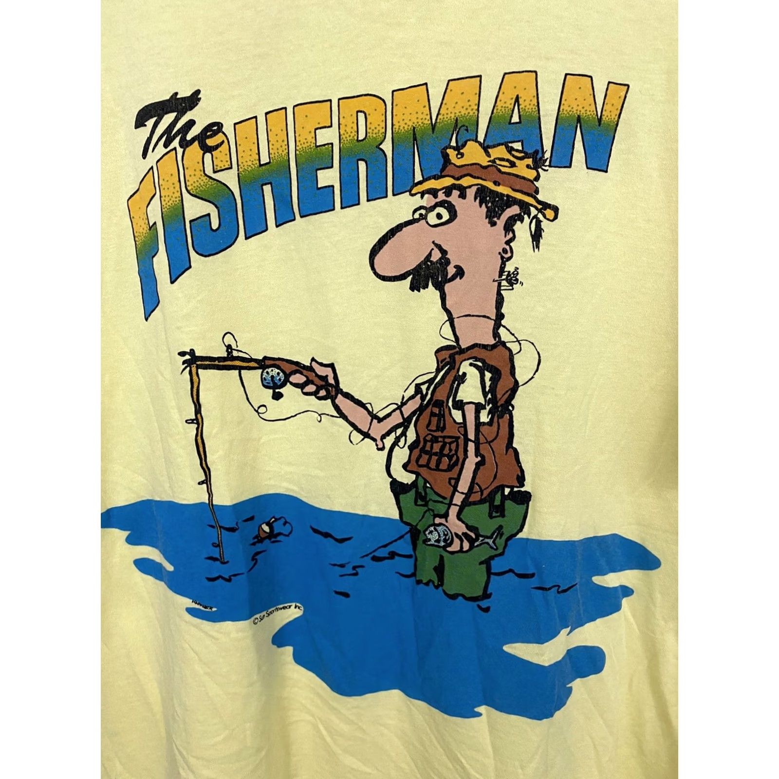 Vintage VTG 80s The Fisherman Novelty Thin Burnout Bold Graphic T-Shirt XL Men Yellow Short Sleeve Shirt Mens Booled? Size US XL / EU 56 / 4 - 5 Thumbnail