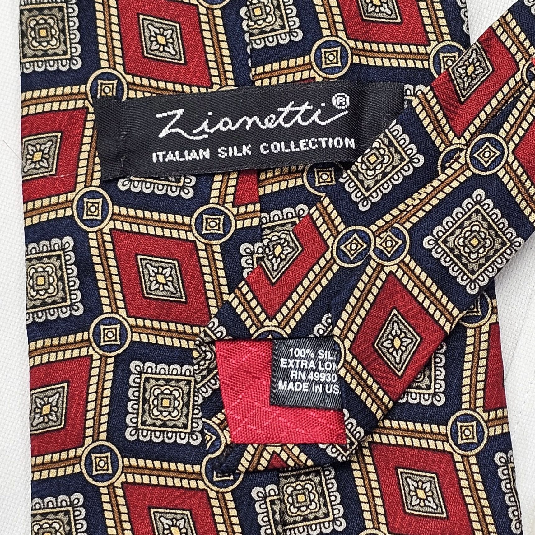 Vintage Zianetti X-Long Necktie Mens Red Geometric 100% Silk Preppy Retro Office Wear 64.5" x 4" Red Geometric Tie Classic Width Adult Mens Size ONE SIZE - 4 Thumbnail