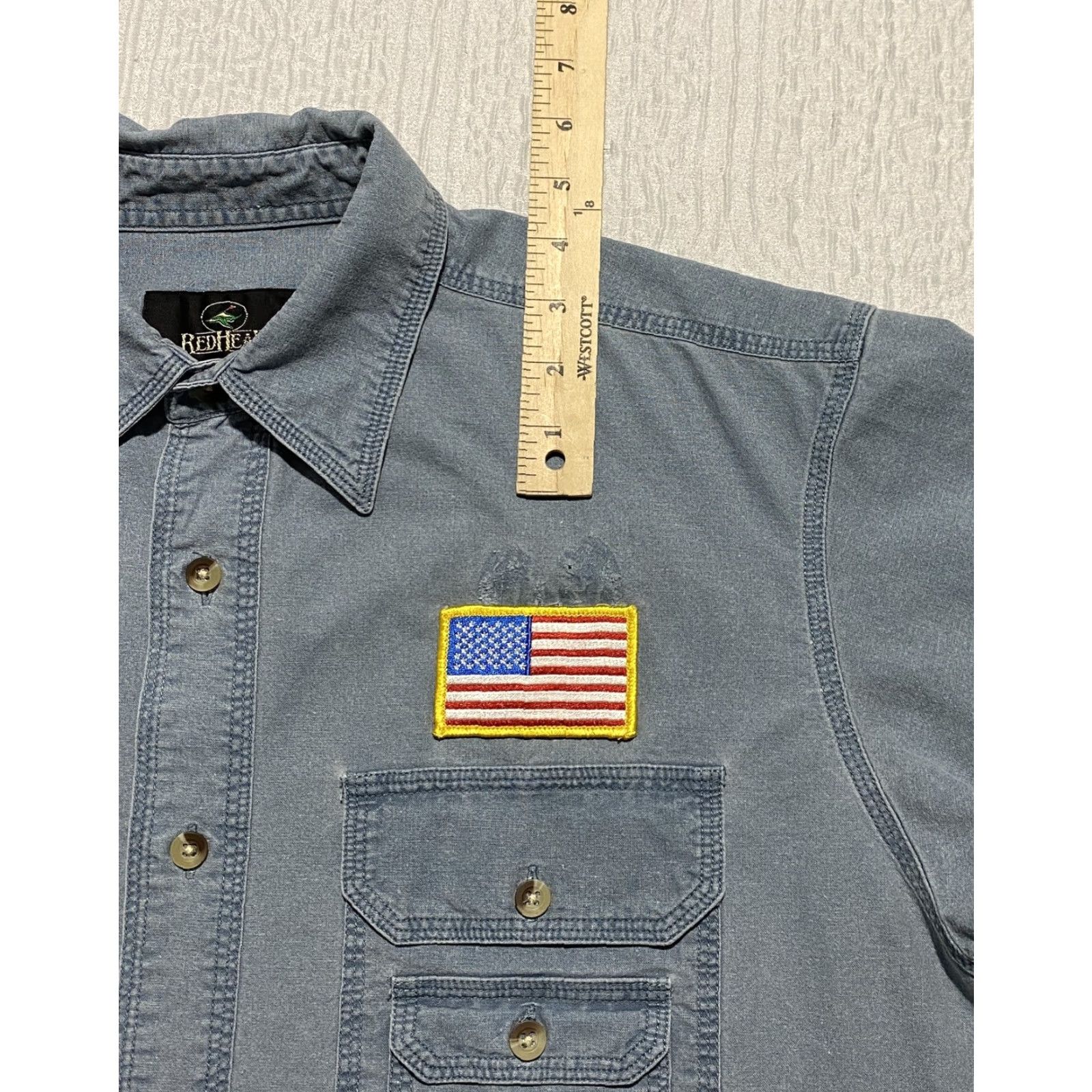 Vintage RedHead Shirt Mens M Blue Short Sleeve Button-Up American Flag Patch Cotton Size US M / EU 48-50 / 2 - 2 Thumbnail