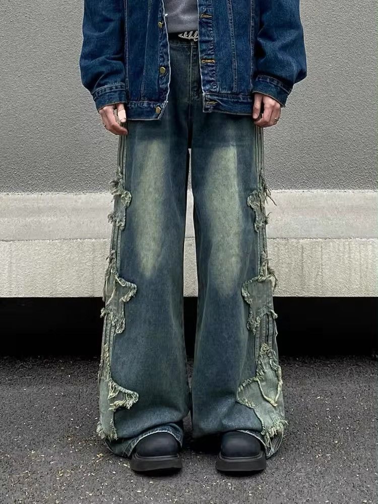 Y2K Streetwear Star Patch Embroidery Baggy Stacked Jeans