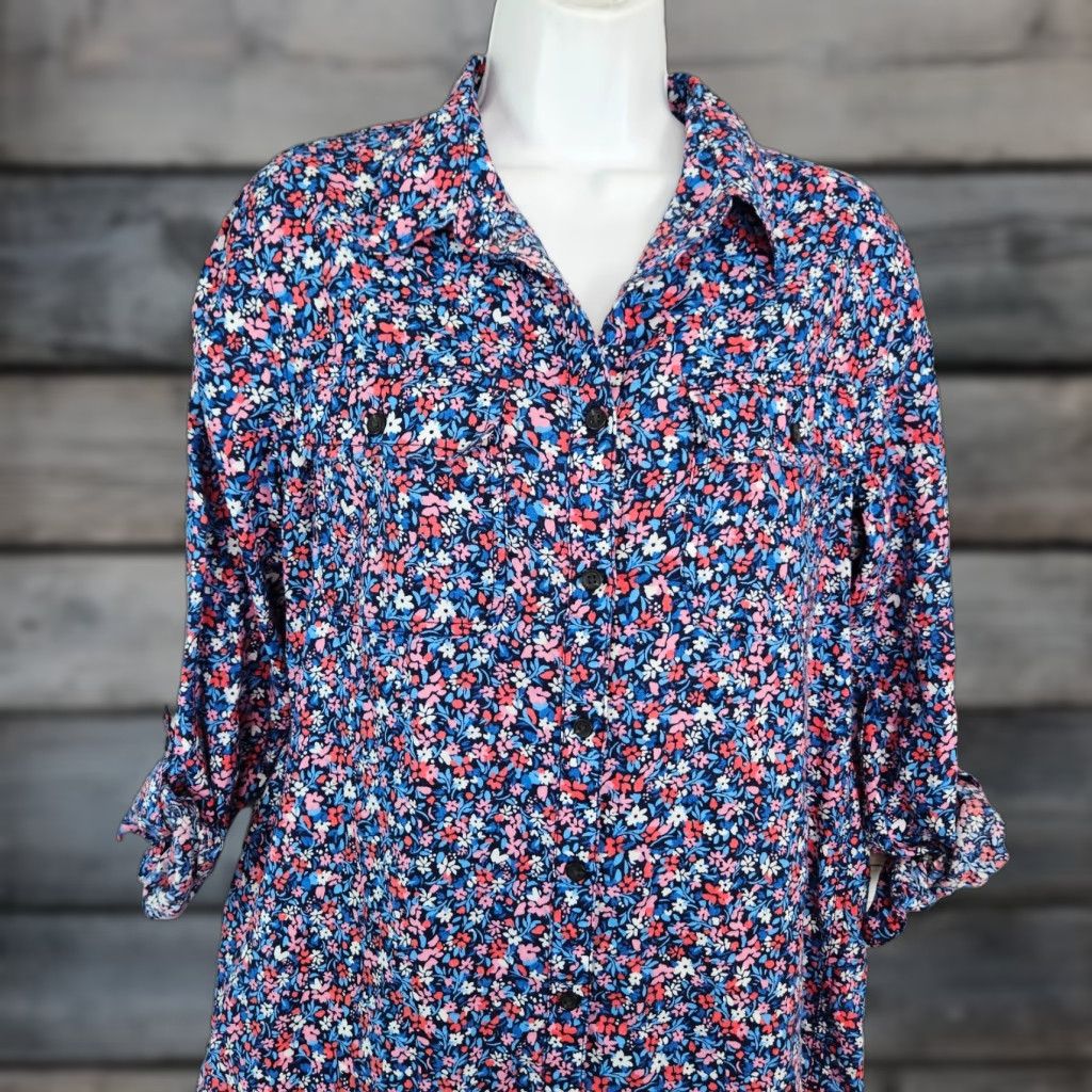 Vintage Draper James Lands End Womens Linen Button Up Top Sz Medium Blue Pink Floral Shirt Adult M Blue Floral Button-Up Tunic Size M / US 6-8 / IT 42-44 - 1 Thumbnail