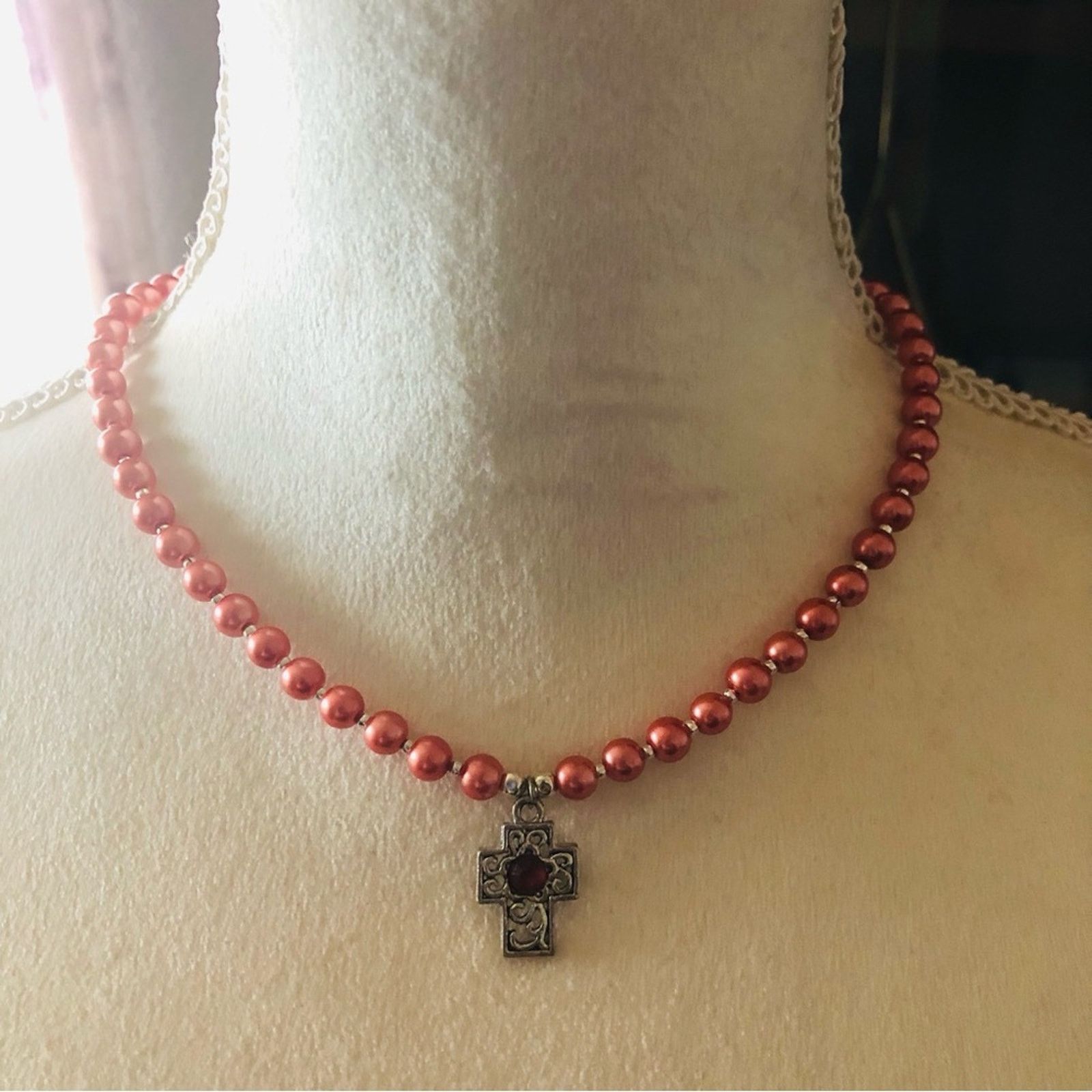 Handmade Handcrafted repurpose antique rose cross Pearl necklace Size ONE SIZE - 2 Thumbnail