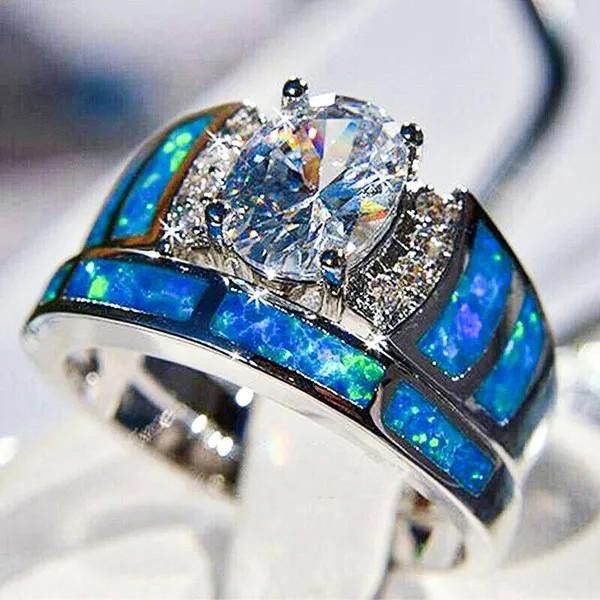 Designer 2pcs Blue Opal Epoxy Zircon Inlaid Silver Ring Set - Size 6 Size ONE SIZE - 1 Thumbnail