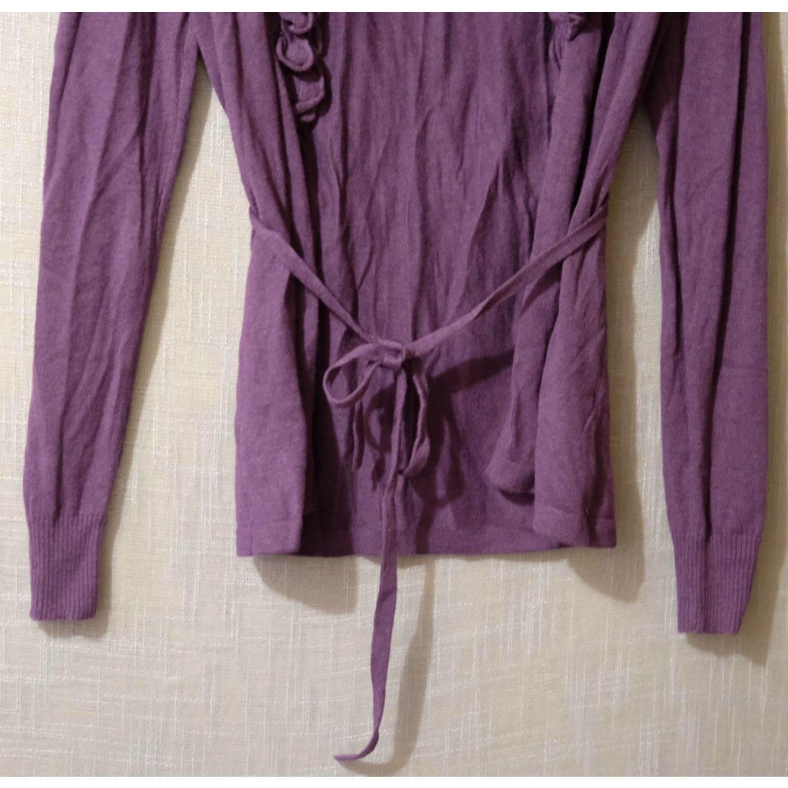 Merona VINTAGE Merona Cardigan Open Front Lightweight Womens M Purple Ruffle Trim Belted, Knit, Nylon/Rayon, Slim, Regular, Long Sleeve, Shirt? Size M / US 6-8 / IT 42-44 - 3 Thumbnail