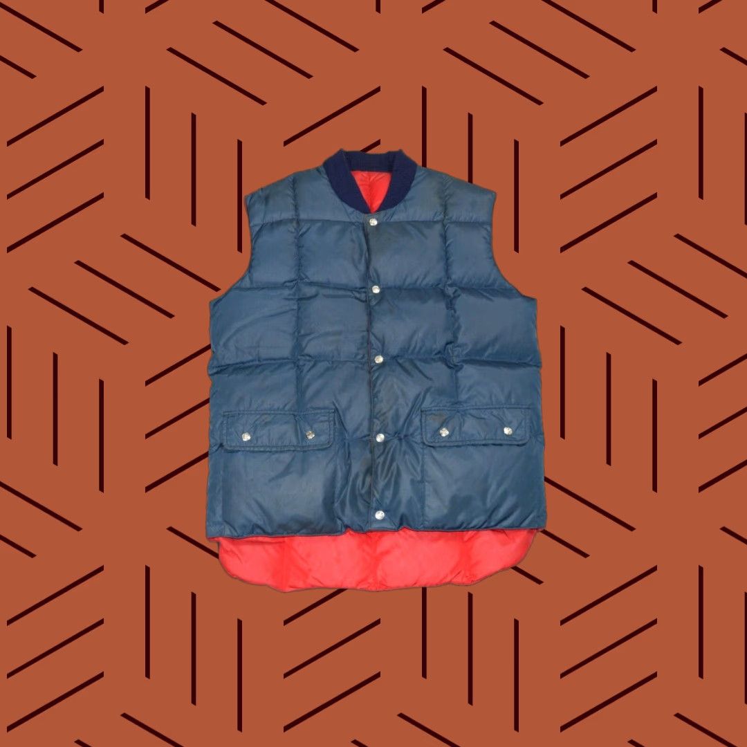 J Brand VINTAGE Swan Brand Reversible Down Puffer Vest Quilted Nylon Snap Up Men L Blue Red 1970s Hunting Gear Mens Vest Size US L / EU 52-54 / 3 - 1 Thumbnail