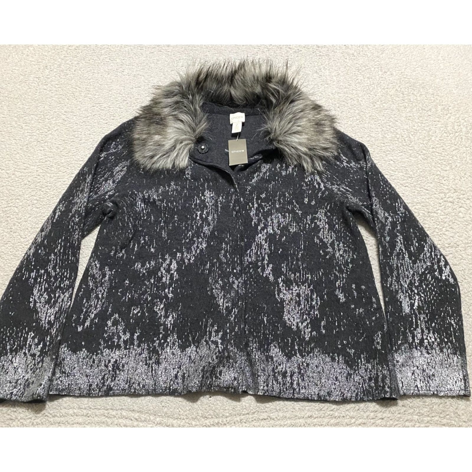 Vintage Chico's Cardigan Sweater NWT Jacket Women L Gray Fur Trim Button Knit /Wool Heavyweight All Seasons Casual Holiday 90s? Size L / US 10 / IT 46 - 2 Thumbnail