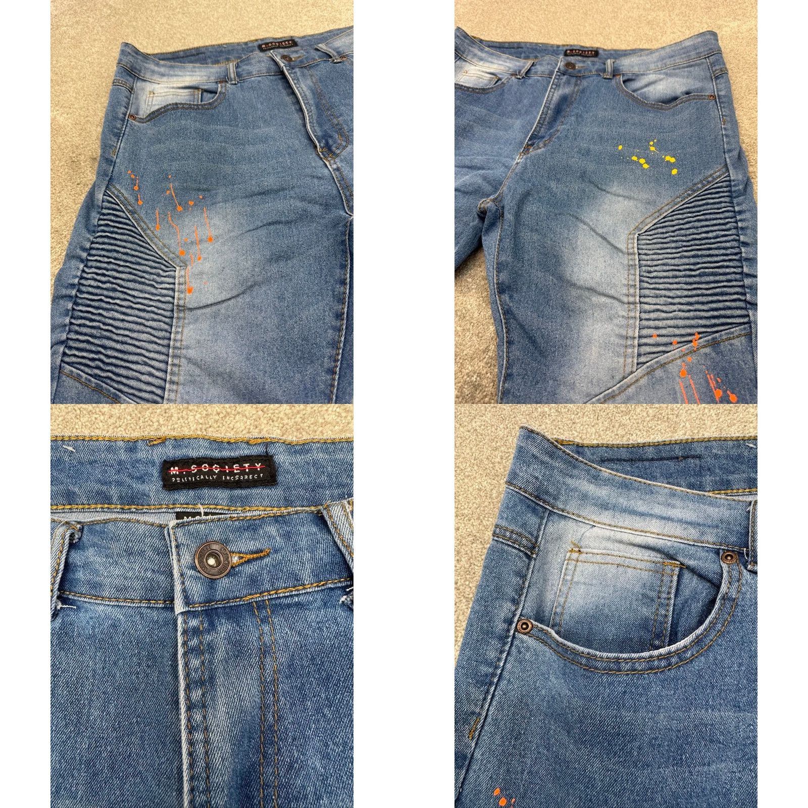 Vintage M Society Jeans Mens 36x32 Blue Denim Distressed Skinny Paint Splatter Ribbed Jeans Size US 36 / EU 52 - 8 Thumbnail
