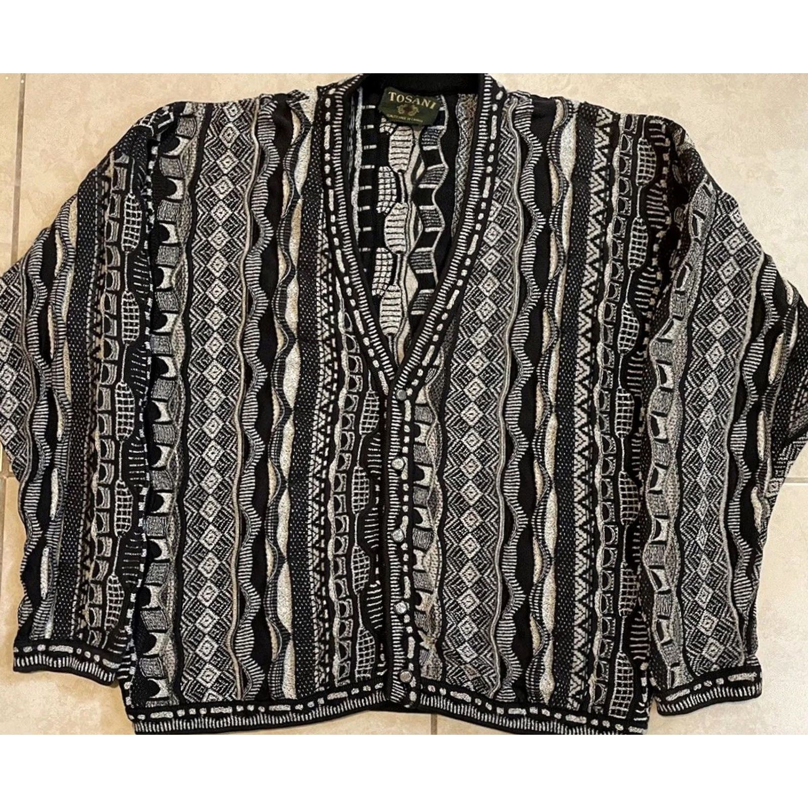 Coogi VINTAGE 90s Chunky-Knit Sweater XL Black 3D Abstract Coogi Style Cardigan Mens Knit Shirt Logo AOP 80s 90s Hip Hop USA USA Size US XL / EU 56 / 4 - 2 Thumbnail