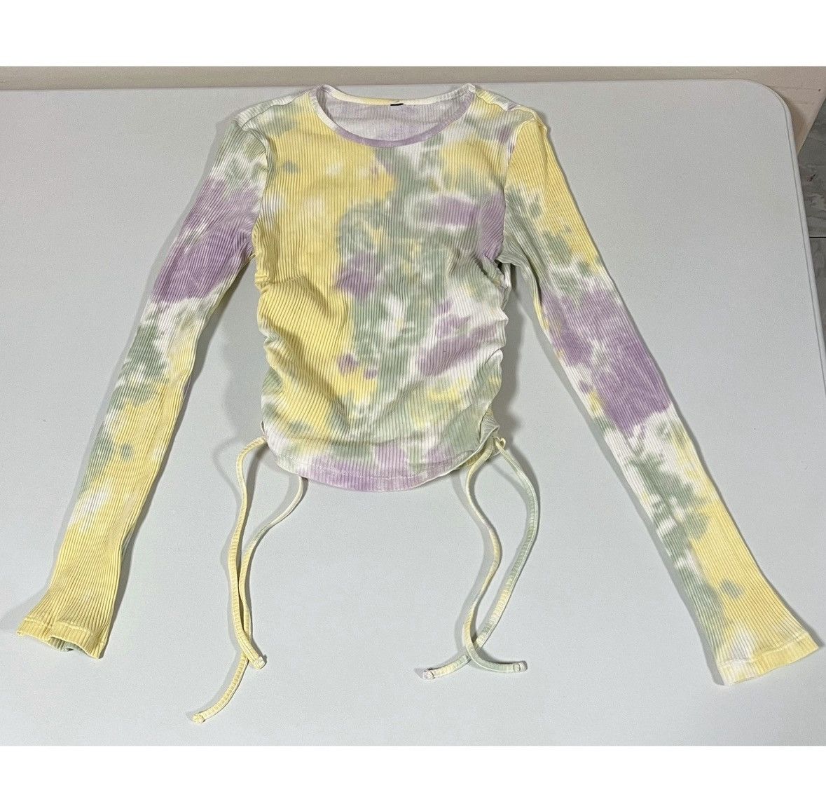 Japanese Brand Pastel Tie-Dye Ruched Long Sleeve Shirt Top Tee Size S 💛💜✨ Size S / US 4 / IT 40 - 1 Thumbnail