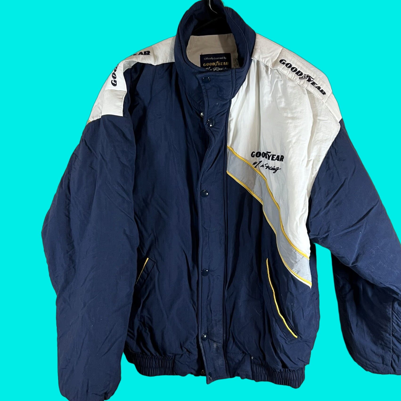 VINTAGE Goodyear Racing Puffer Jacket Men M Blue 1990s USA Racing Shirts?