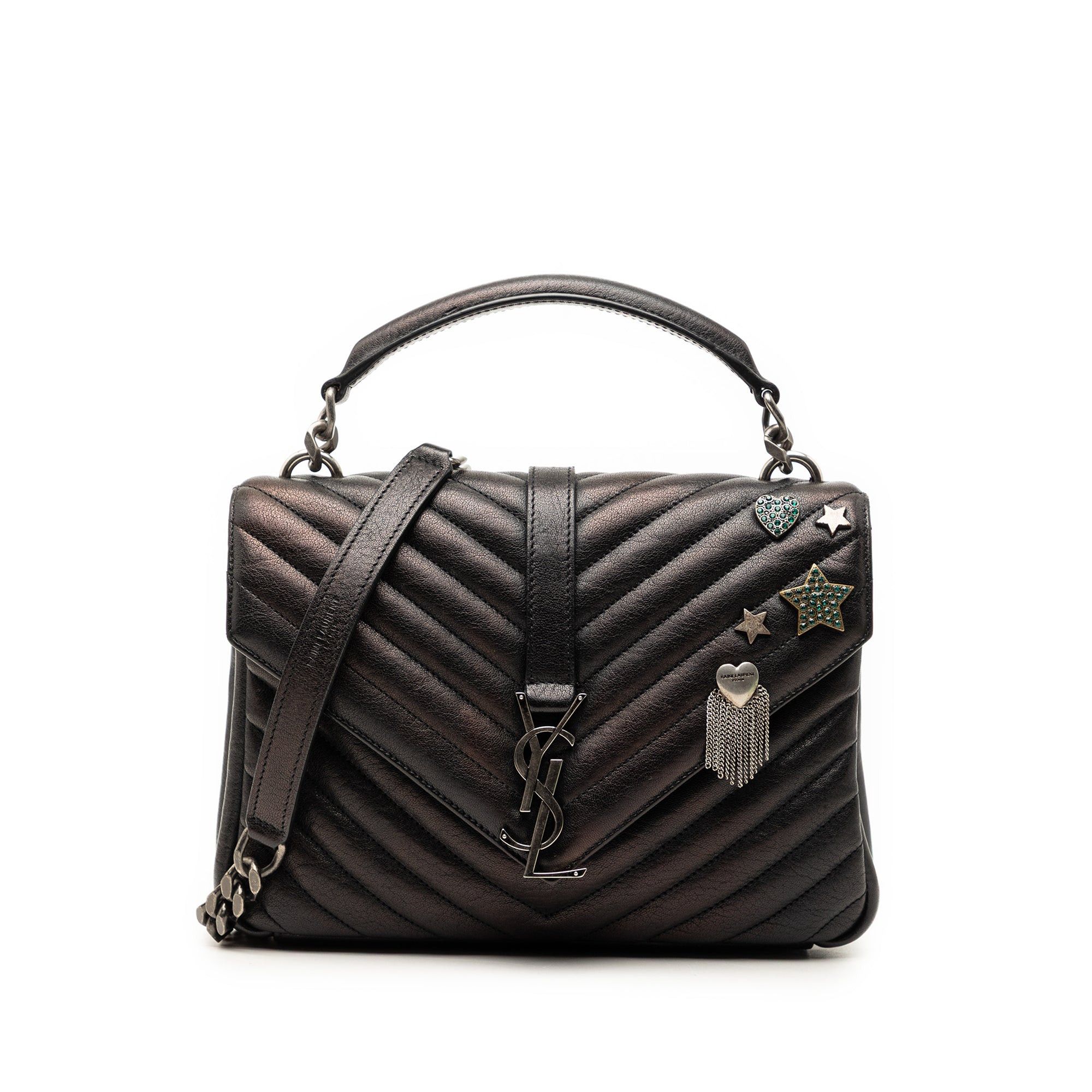 Saint Laurent Paris Medium Metallic Chevron Sheepskin Monogram College Pins Satchel Size ONE SIZE - 1 Thumbnail