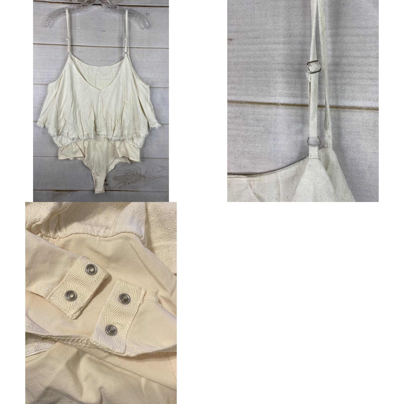 Vintage Promesa Bodysuit Womens 2XL Beige Linen Rayon Fringe Boho Snap Festival Satin? Size XXL / US 16-18 / IT 52-54 - 8 Thumbnail