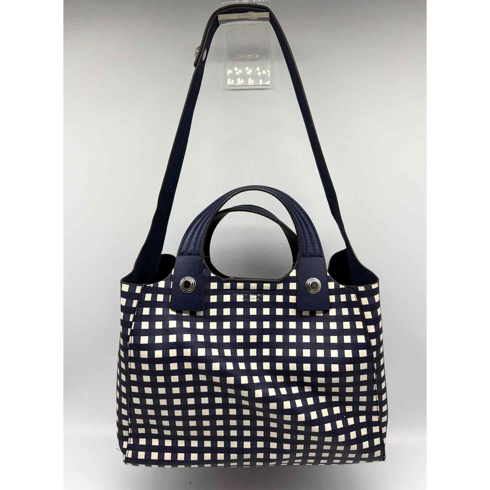 Tory Burch Tory Burch Navy Checkered Print Tote Bag Size ONE SIZE - 2 Thumbnail