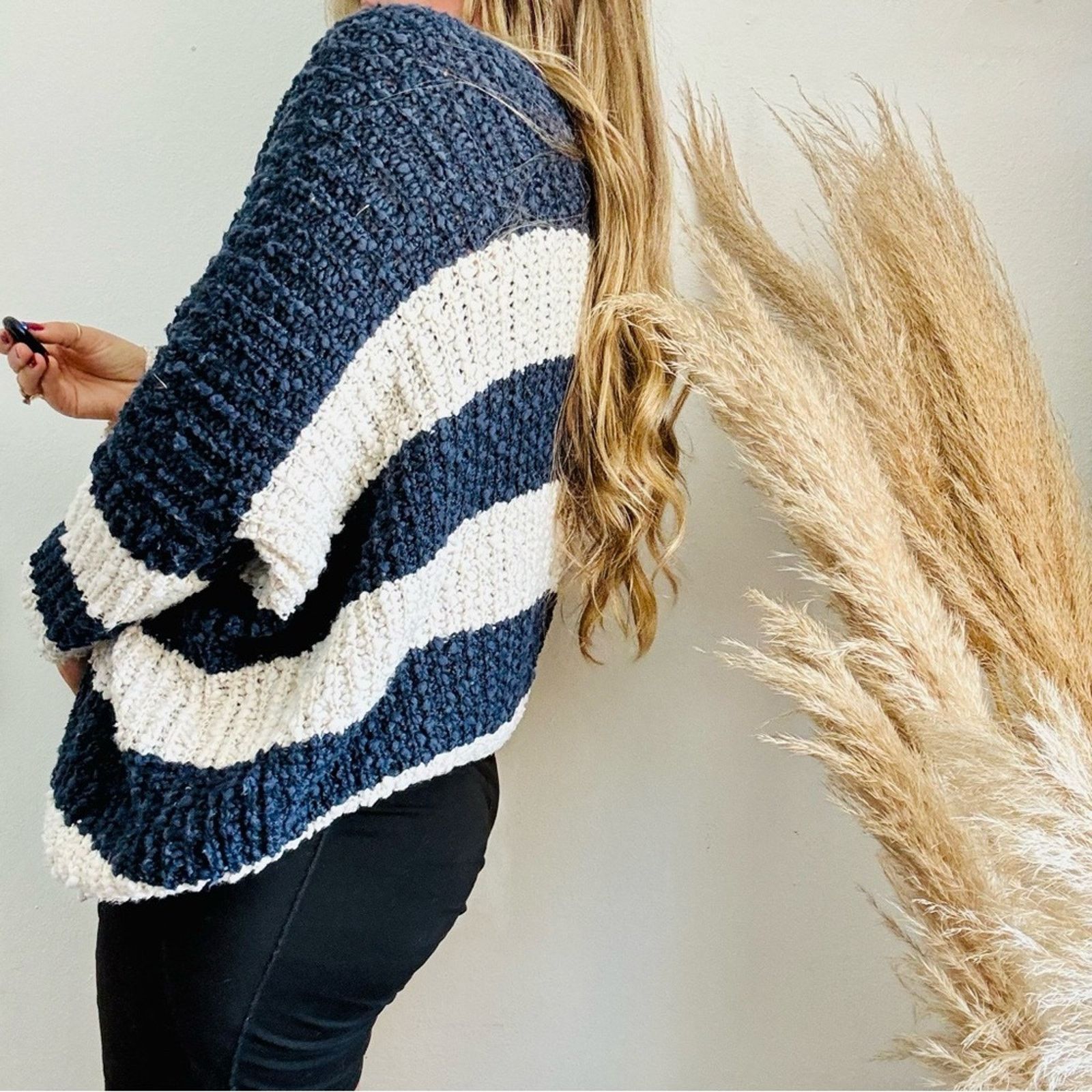 Nordstrom WISHLIST Navy Blue White Stripe Bold Chunky Pullover Sweater Size M / US 6-8 / IT 42-44 - 2 Thumbnail