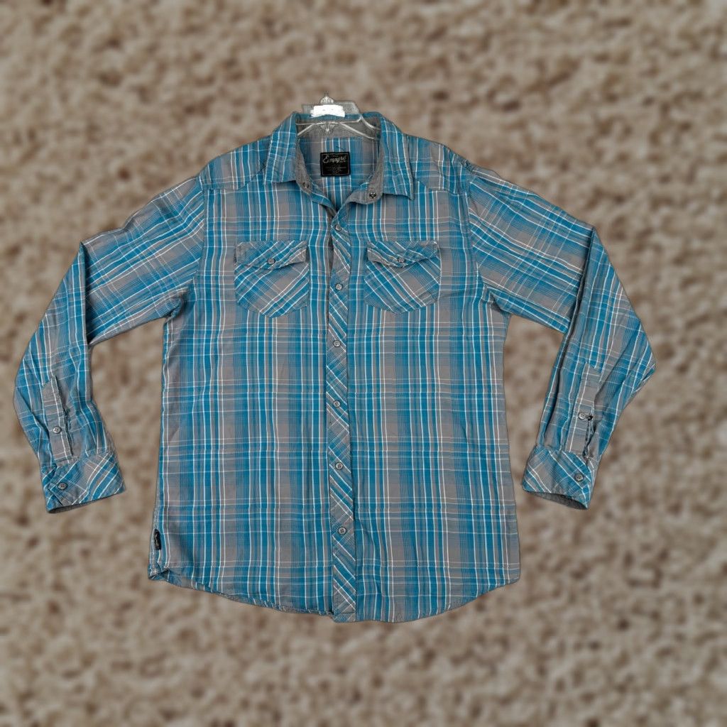 Empyre Empyre Button-Up Shirt Mens Large Blue Plaid Western Cotton Long Sleeve Snap-Collar Size US L / EU 52-54 / 3 - 1 Thumbnail