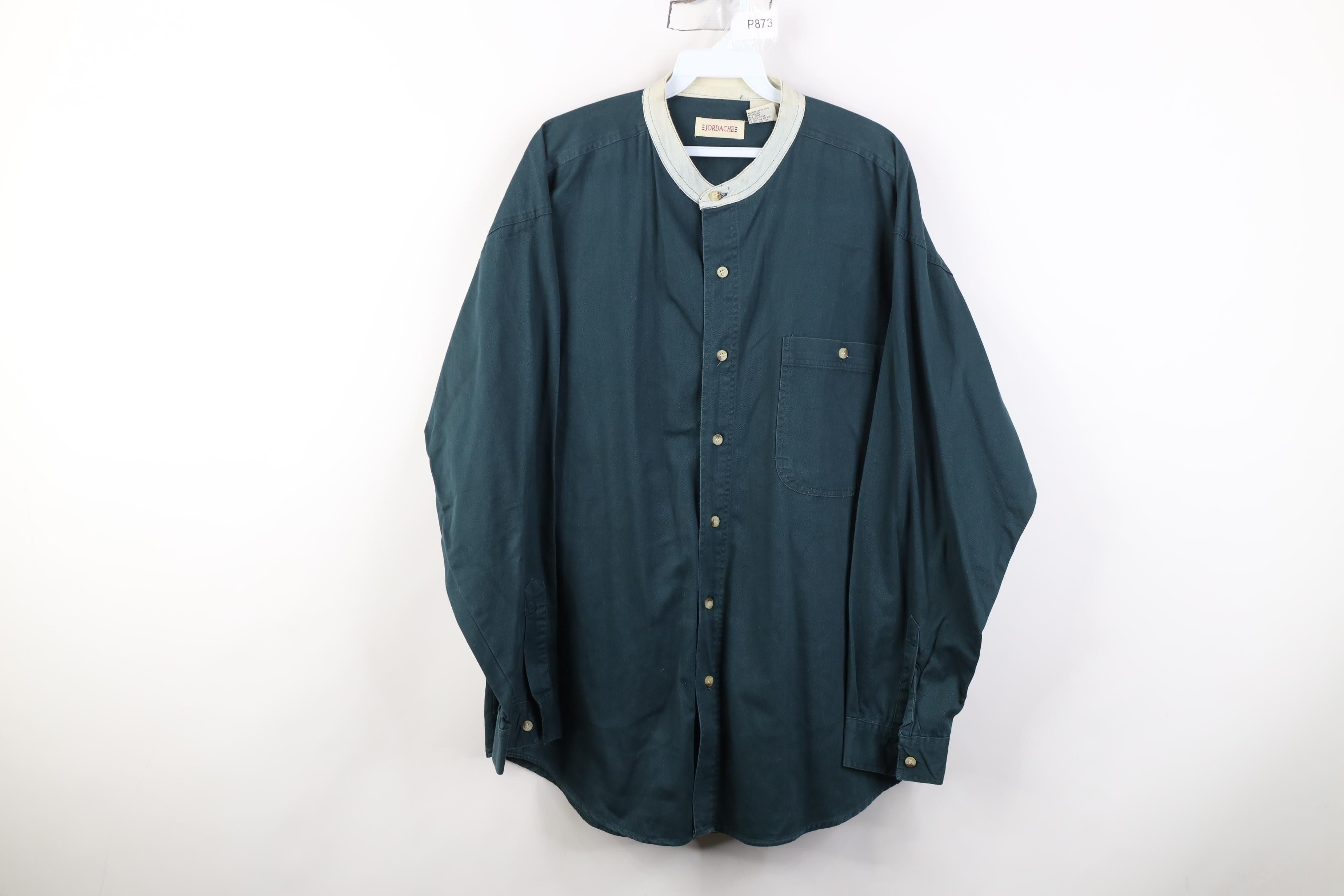 Vintage Vintage 90s Streetwear Denim Band Collar Button Shirt Green Size US M / EU 48-50 / 2 - 1 Thumbnail