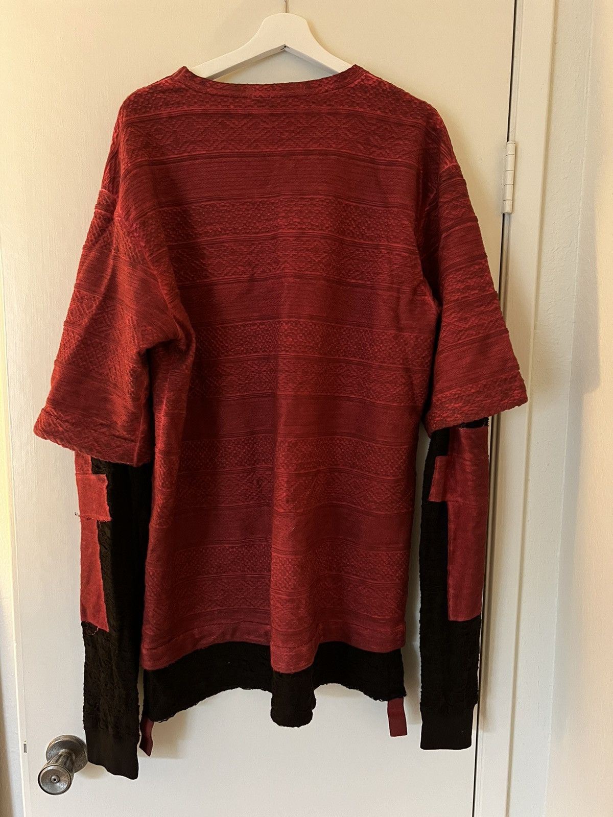 image of Devoa x Saddam Teissy D Hygen Cold-Dye Jacquard Striped Layered T-Shirt Redxblack in Black/Brown/Re