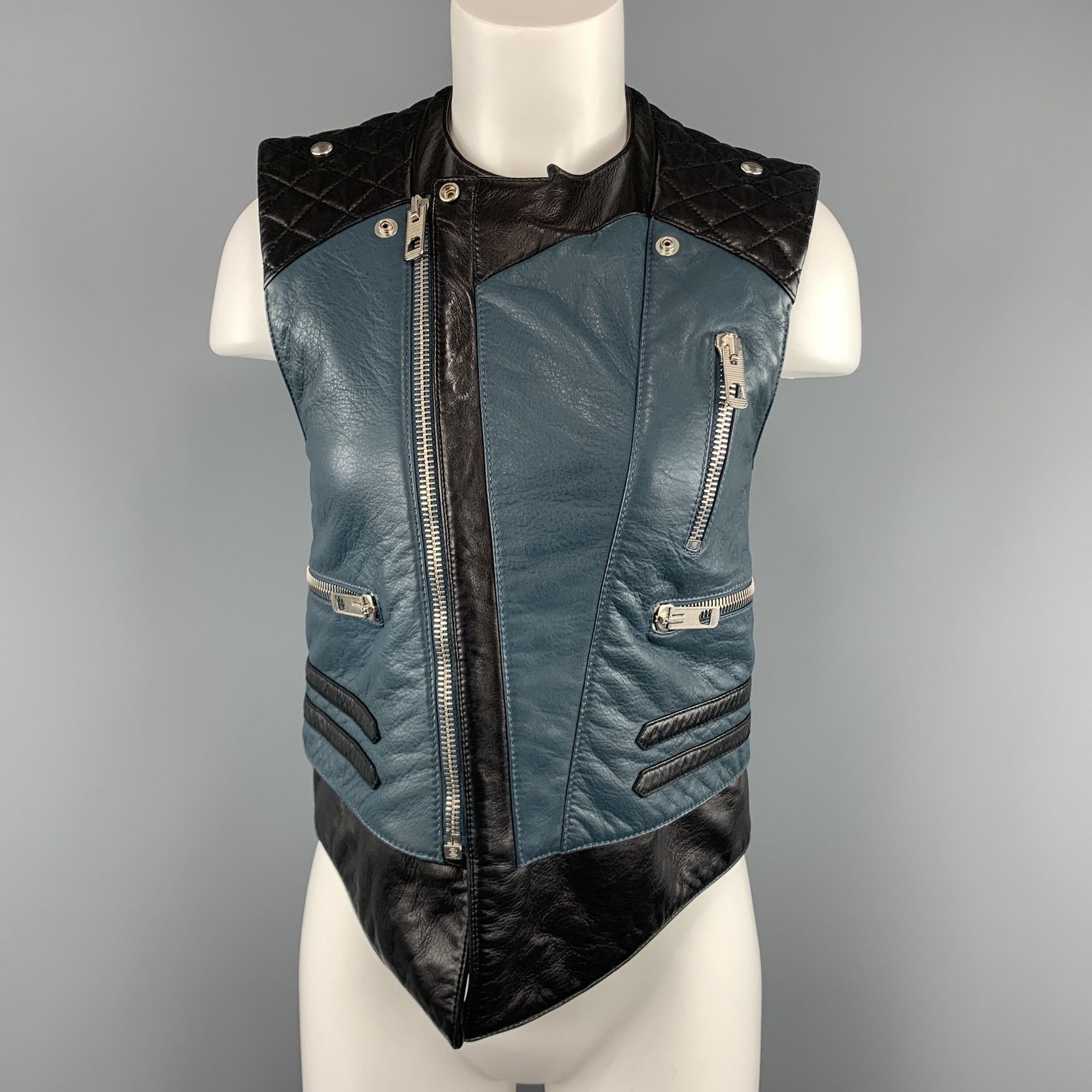 Balenciaga Size 8 Black & Teal Blue Quilted Leather Biker Vest Size US XXS / EU 40 - 4 Thumbnail