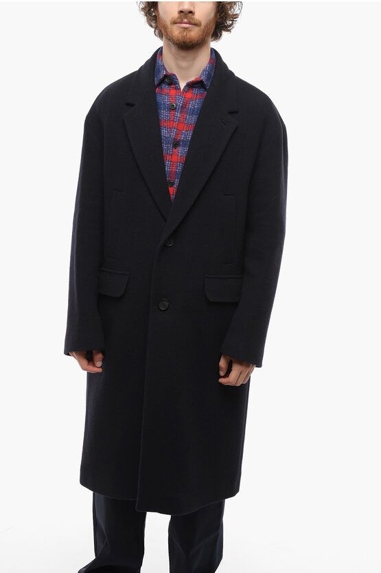 image of Hevo Wool And Nylon Noci Single- Breasted Coat With Flap Pockets in Midnight Blue (Size Large)
