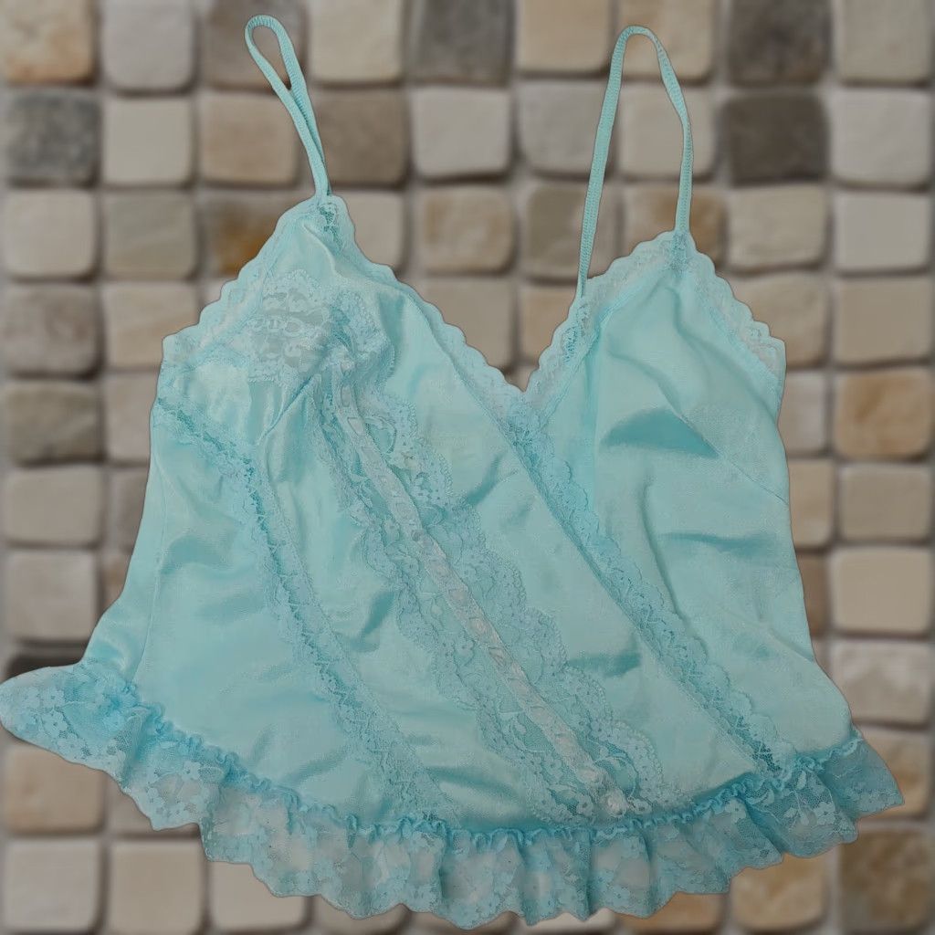 Vintage VINTAGE Nan Flower Women's Camisole Top Pajama Shirt S Blue Lace Ruffle Flower Sleeveless V-Neck Size S / US 4 / IT 40 - 1 Thumbnail