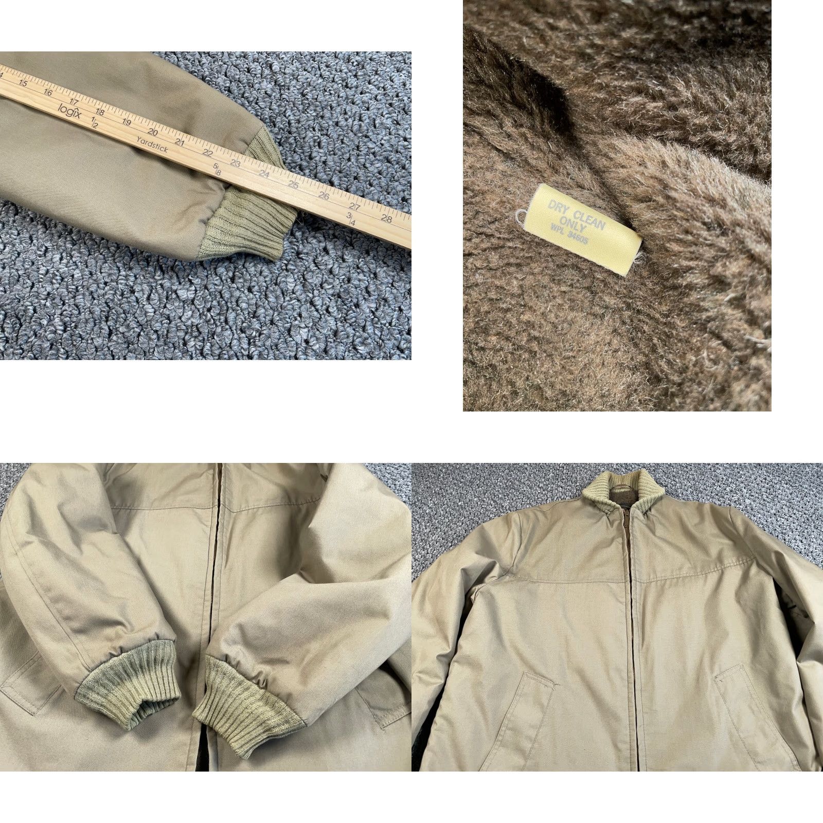 IDEA VTG 80s Bomber Jacket Adult Large Beige Faux Fur Lined Elongated Zip Full Zip Pockets Stand-Up Collar Regular Size US L / EU 52-54 / 3 - 9 Thumbnail