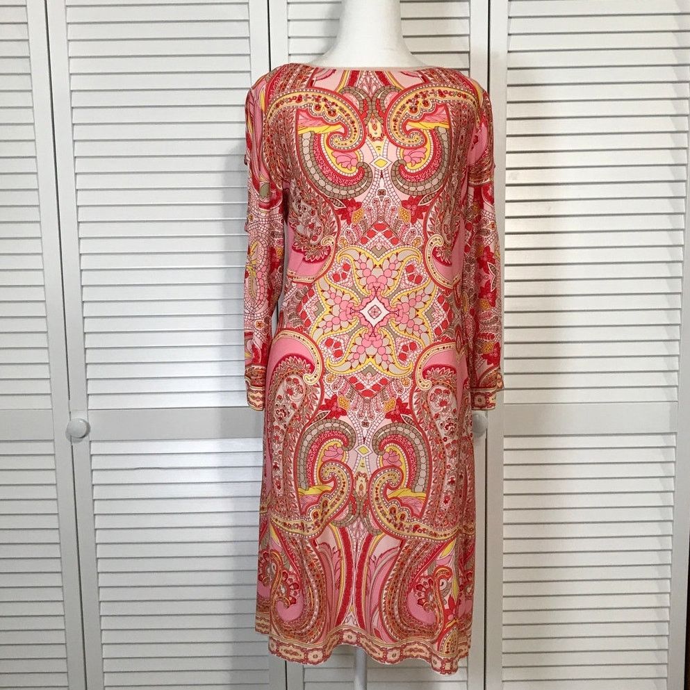 Other Sandra Darren Paisley Long Sleeve Shift Midi Dress 10 Size L / US 10 / IT 46 - 1 Thumbnail