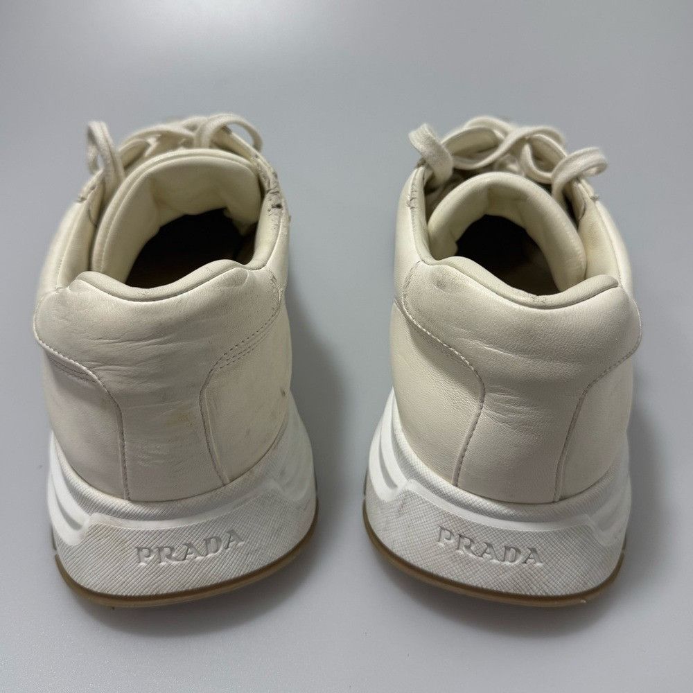 Prada Prada Triangle-Logo Leather Sneakers White Gold Men’s Size 1 Size US 10 / EU 43 - 4 Thumbnail