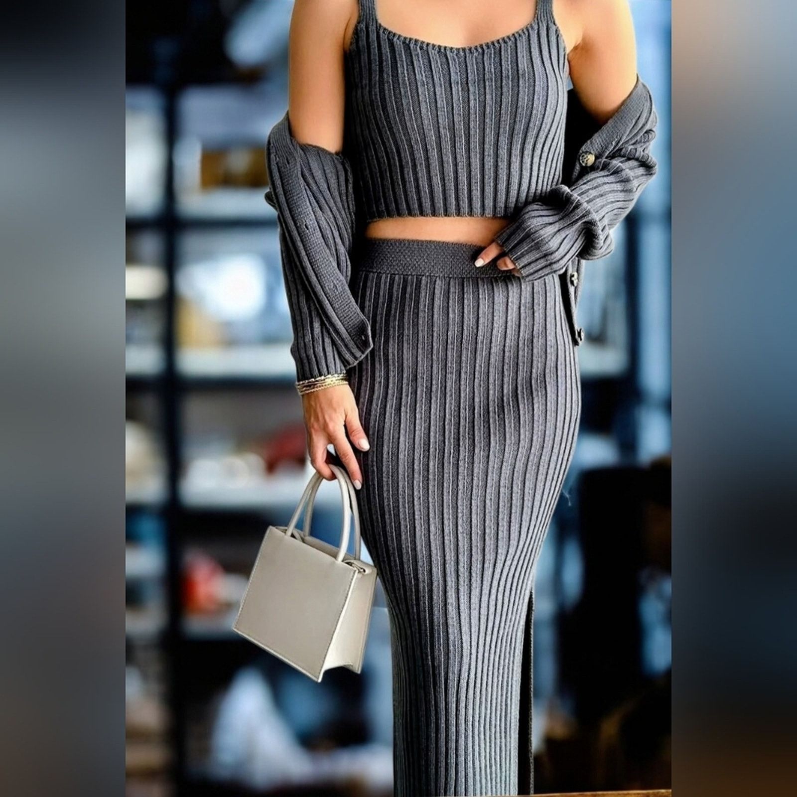 & Other Stories Ribbed Knit Set Cardigan Crop Top Maxi Skirt Slit Gray NWT Size M / US 6-8 / IT 42-44 - 1 Thumbnail