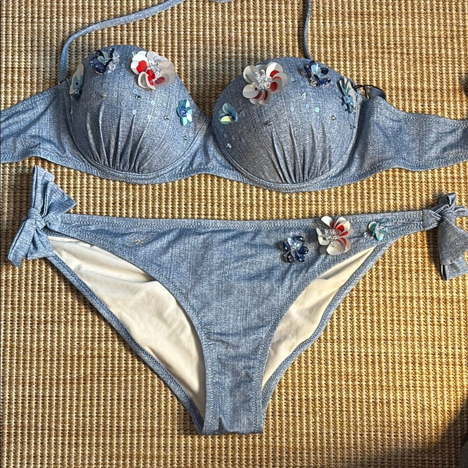 Blumarine NWT Blumarine Blue denim flowers beads Bikini Size L Size ONE SIZE - 9 Thumbnail