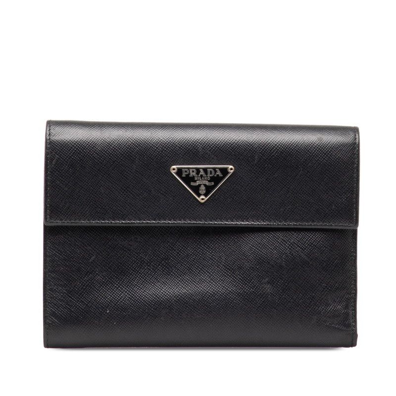 image of Prada Saffiano Leather Trifold Wallet in Black, Women's