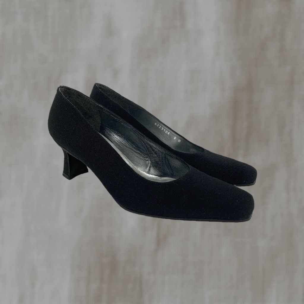 Stuart Weitzman Stuart Weitzman Square Toe Block Heel Womens US 5 Black Fabric Pump Heel Spain Pumps, Classic, Dress, Block, Medium, WomensShoe Size US 5 / IT 35 - 1 Thumbnail