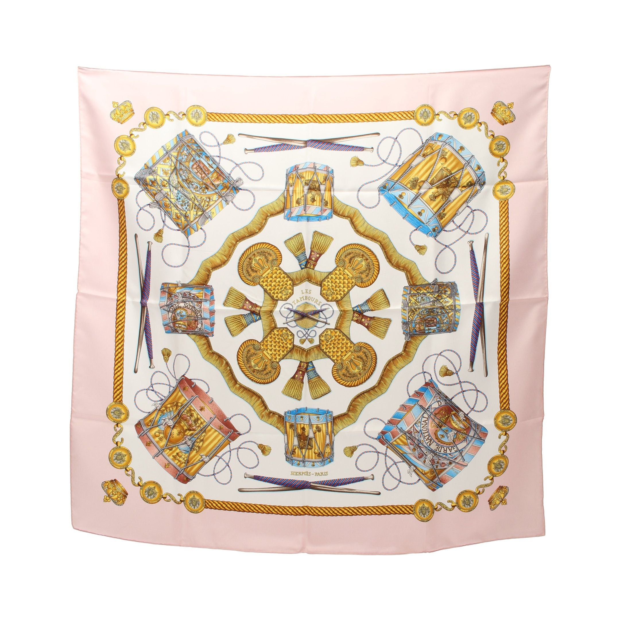 Hermes Hermes Carres 90 Les Tambours Scarf Silk White Light Pink Multicolor Size ONE SIZE - 1 Thumbnail