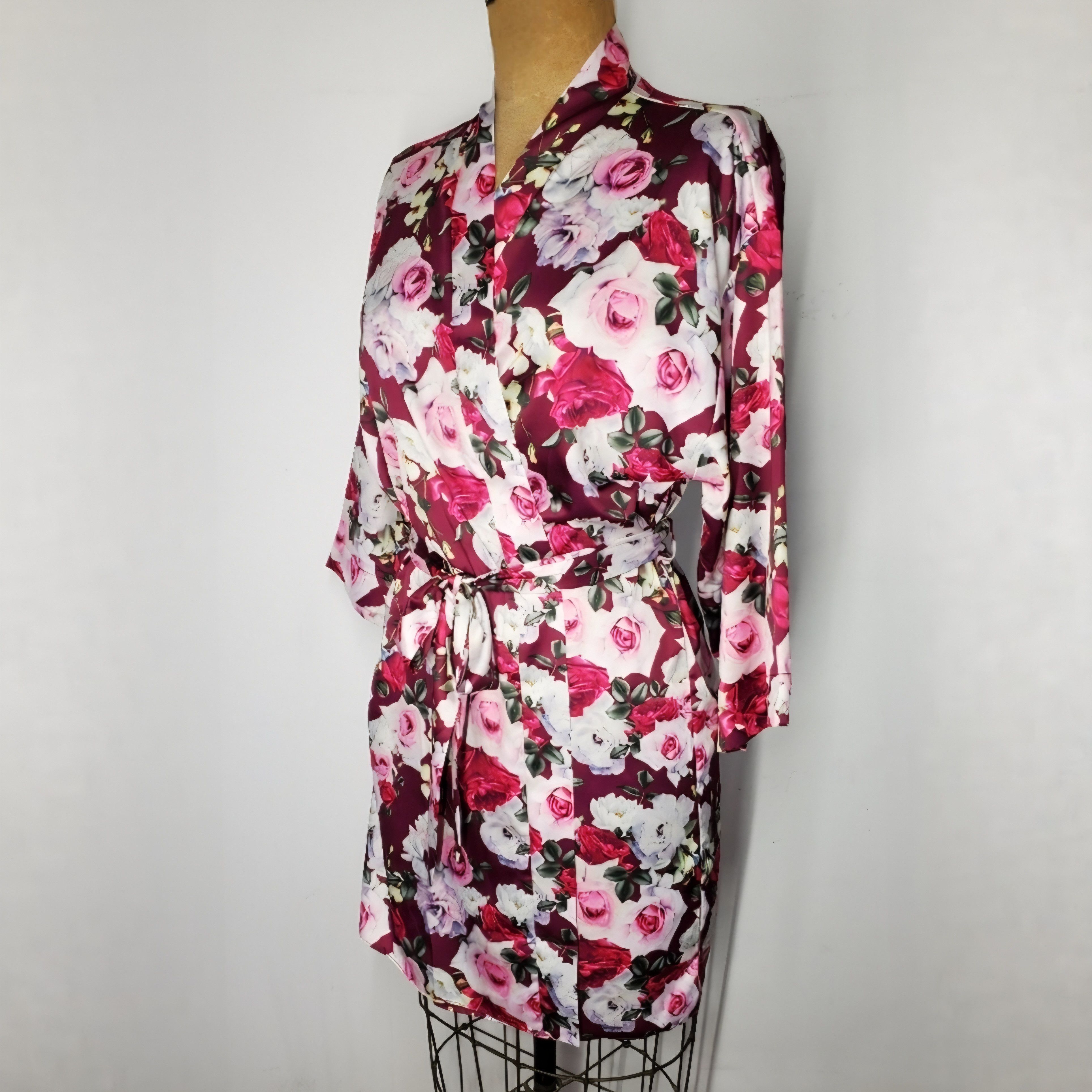 Other Flora Nikrooz Size M/L Robe Satin Rose Floral Pink Burgundy Size ONE SIZE - 3 Thumbnail