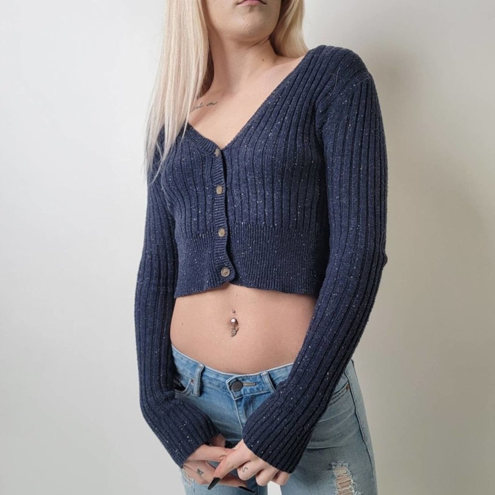 Aeropostale Prince & Fox Navy Cropped Ribbed Knit Cardigan - XS Size XS / US 0-2 / IT 36-38 - 4 Thumbnail