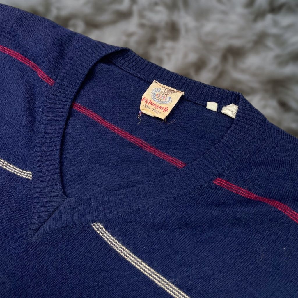 VINTAGE FR Tripler Sweater Adult Large Navy Blue Red Beige Stripe Wool Blend V-Neck Striped Pullover Mens