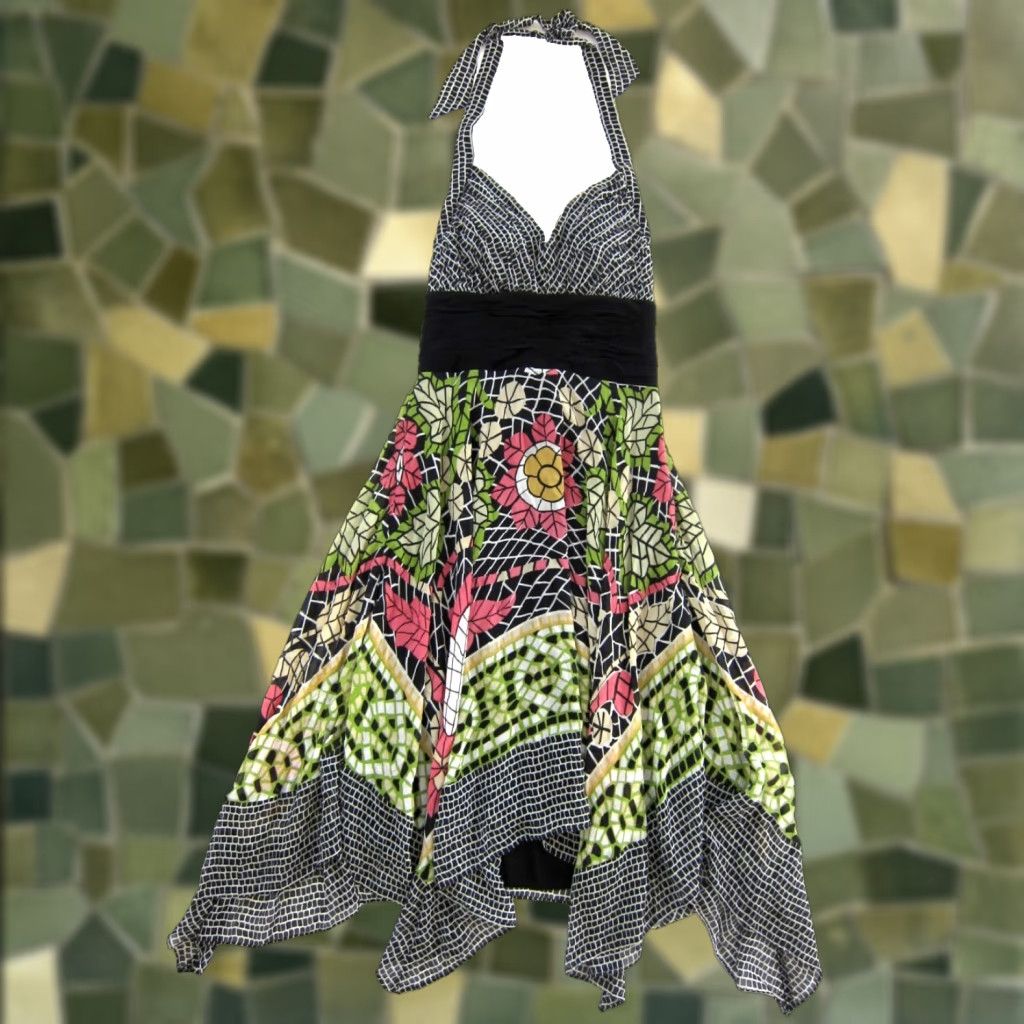 Pinko SANGRIA 100% Silk Black Green Pink Floral Checkered Halter Midi Tank Dress 10 Size L / US 10 / IT 46 - 1 Thumbnail