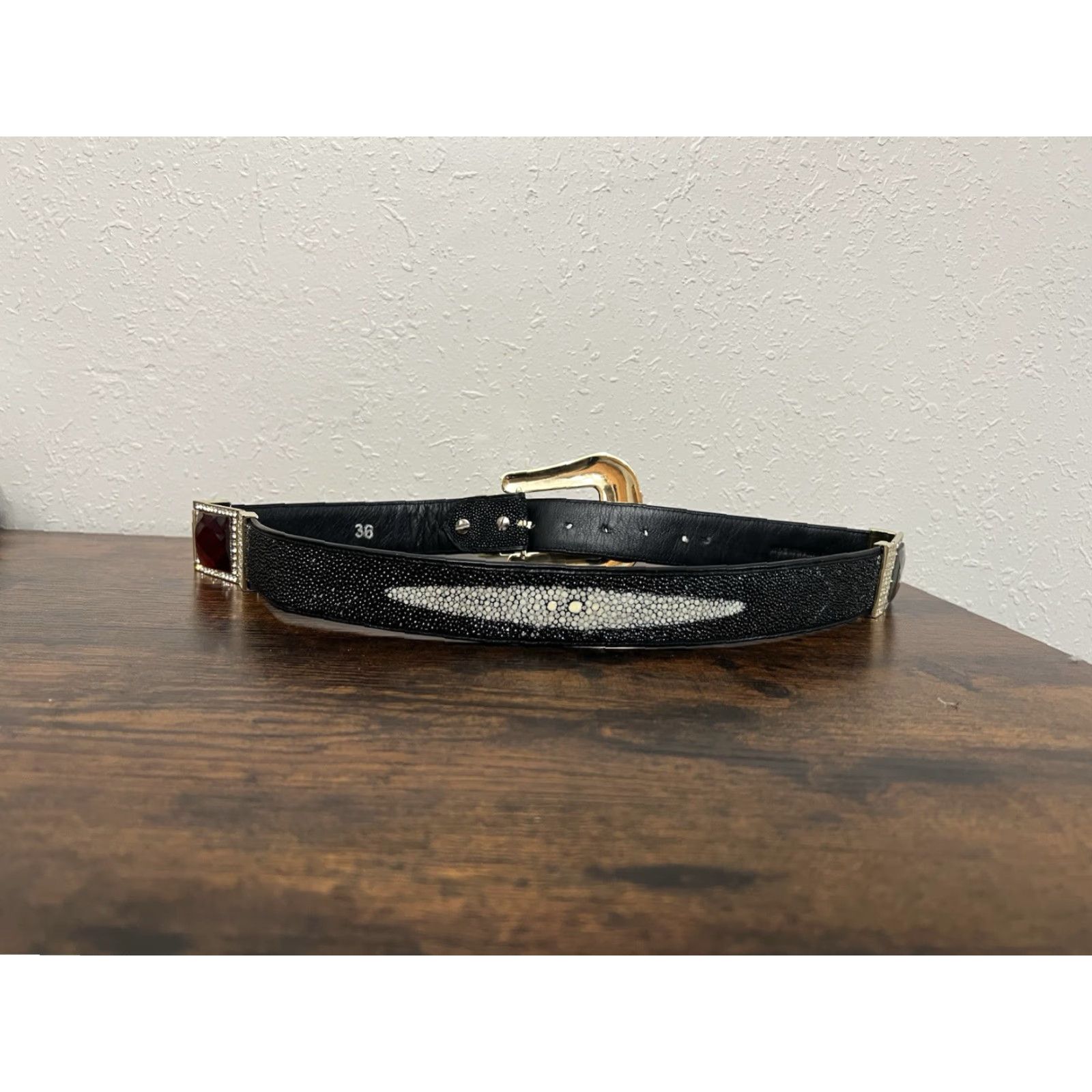 Vintage VINTAGE Los Altos Boots Belt Western Cowboy Stingray Buckle Rhinestone 36 Black Mens Buckle Bling 90s Size 36 - 7 Thumbnail
