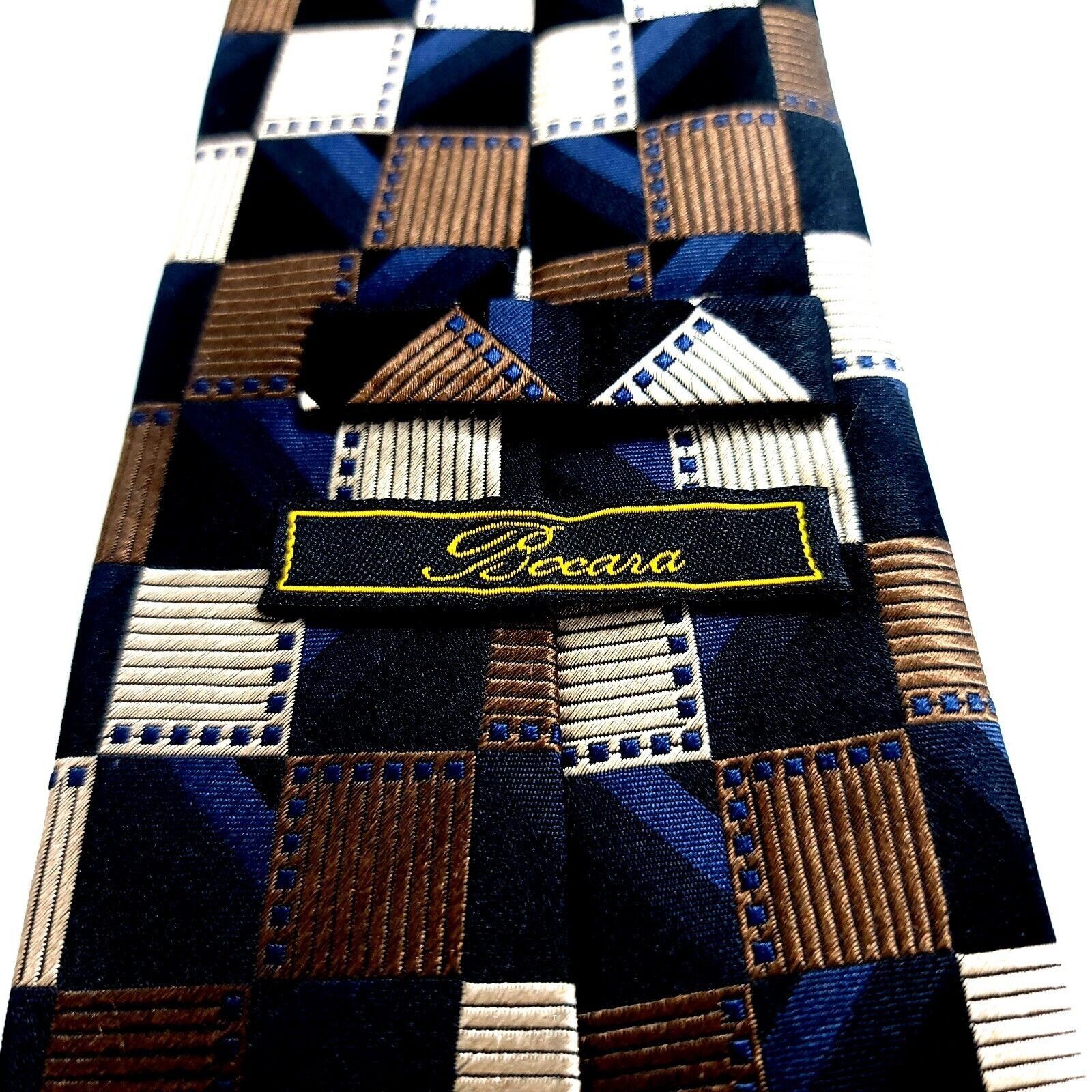 Designer Bocara Woven Blue Brown Cream Woven Geometric Wide Long Silk Size ONE SIZE - 3 Thumbnail