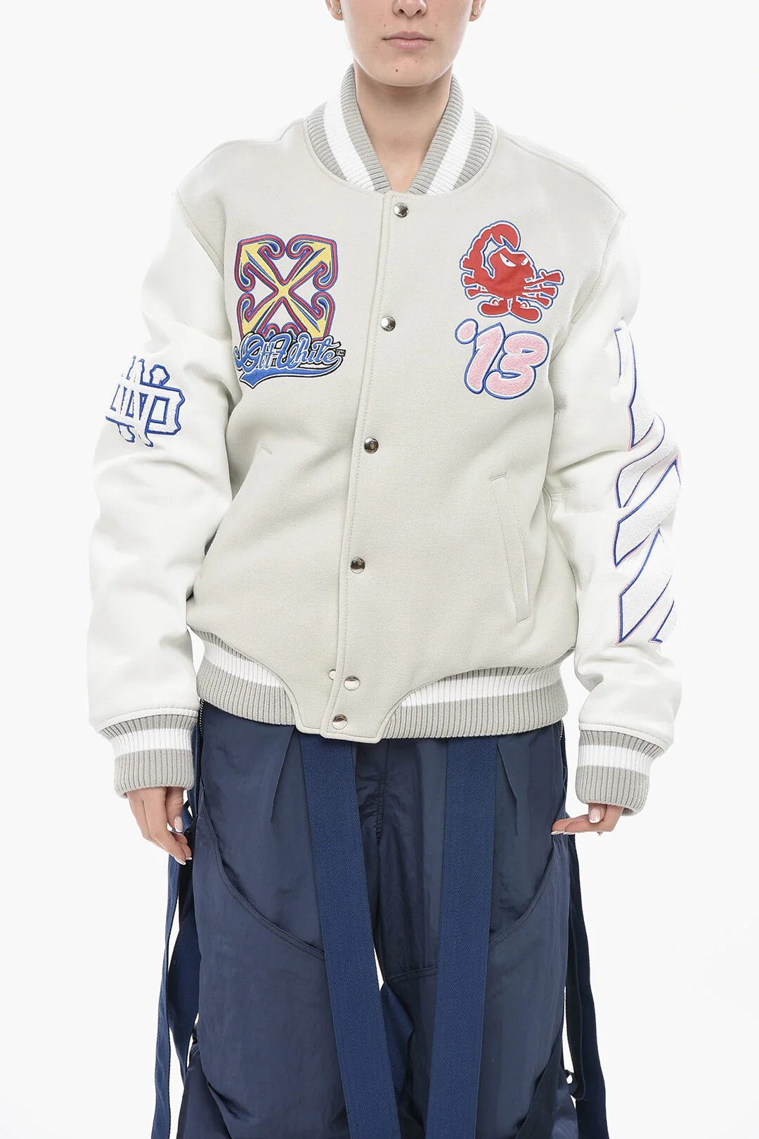 Off-White og1mm0426 Leather Sleeves & Patches Wool Bomber Jacket Grey Size M / US 6-8 / IT 42-44 - 2 Thumbnail
