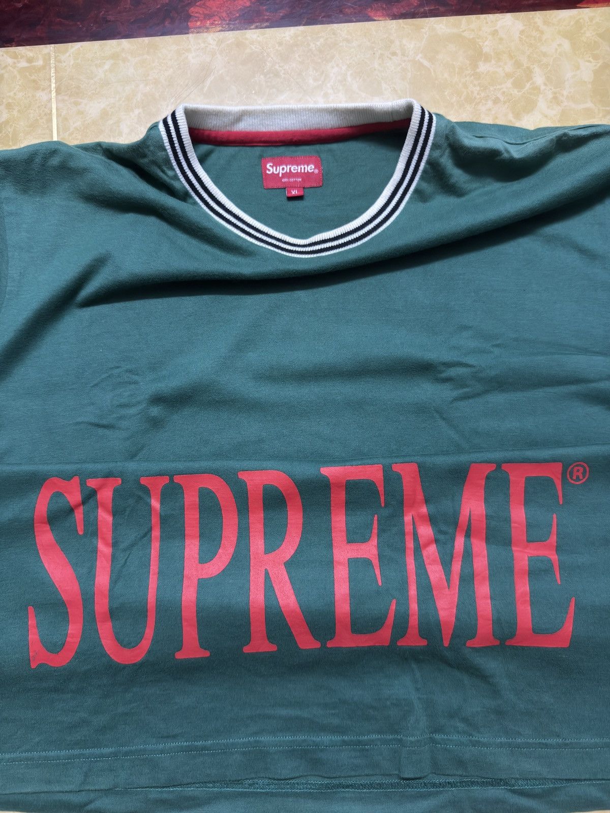 Supreme Supreme Big Logo Ribbed Collar Tee Dark Green Size US XL / EU 56 / 4 - 3 Thumbnail