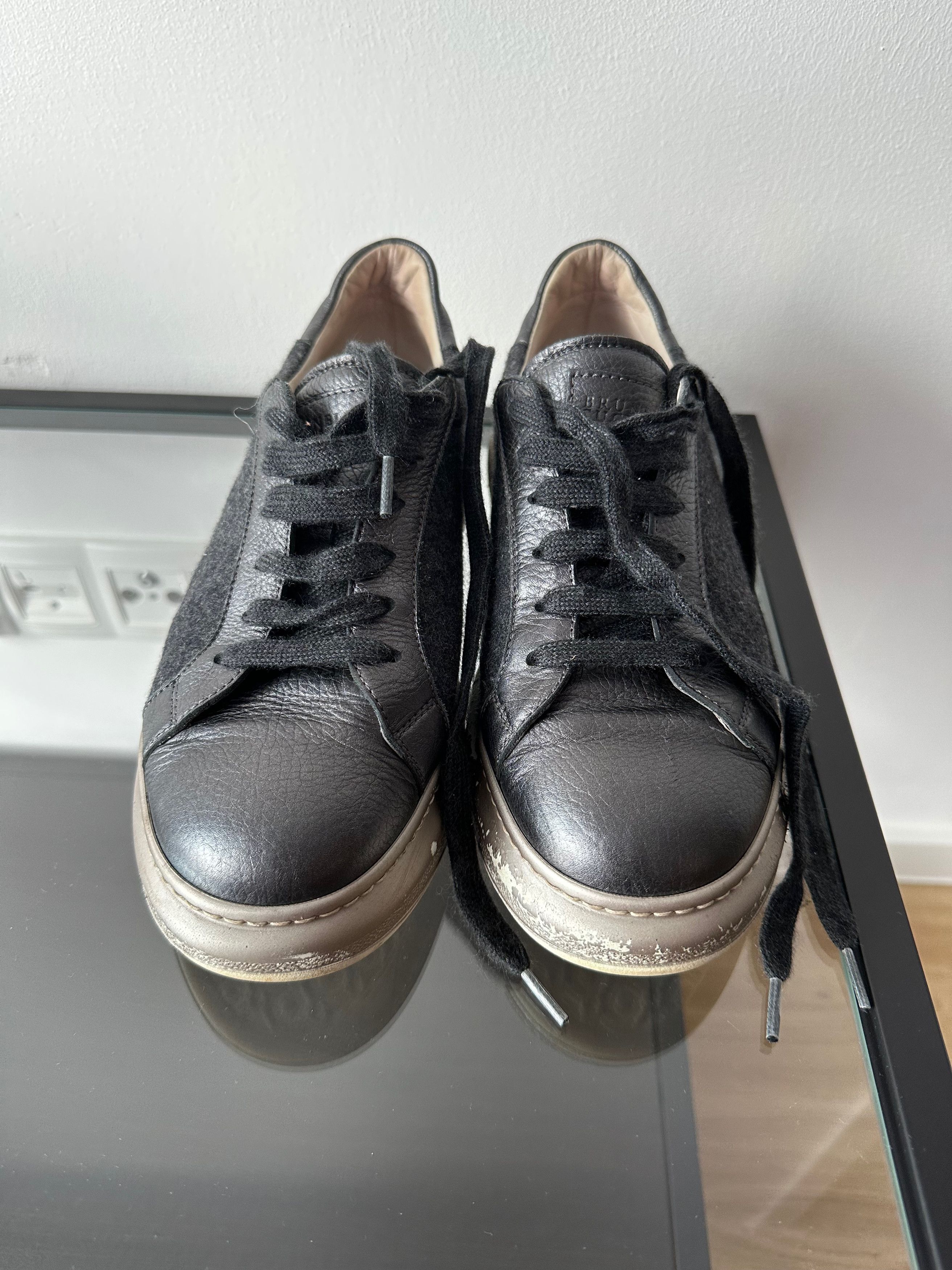 Brunello Cucinelli Brunello Cucinelli Dark Grey Wool Leather Platform Sneakers Size US 8.5 / IT 38.5 - 15 Thumbnail