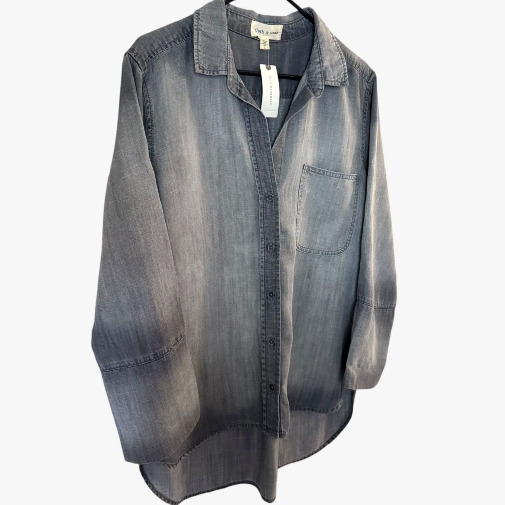 Anthropologie Cloth & Stone by Anthropologie Chambray Shirt Gray Women's Large Lyocell Button-Down Casual Pockets Size L / US 10 / IT 46 - 3 Thumbnail