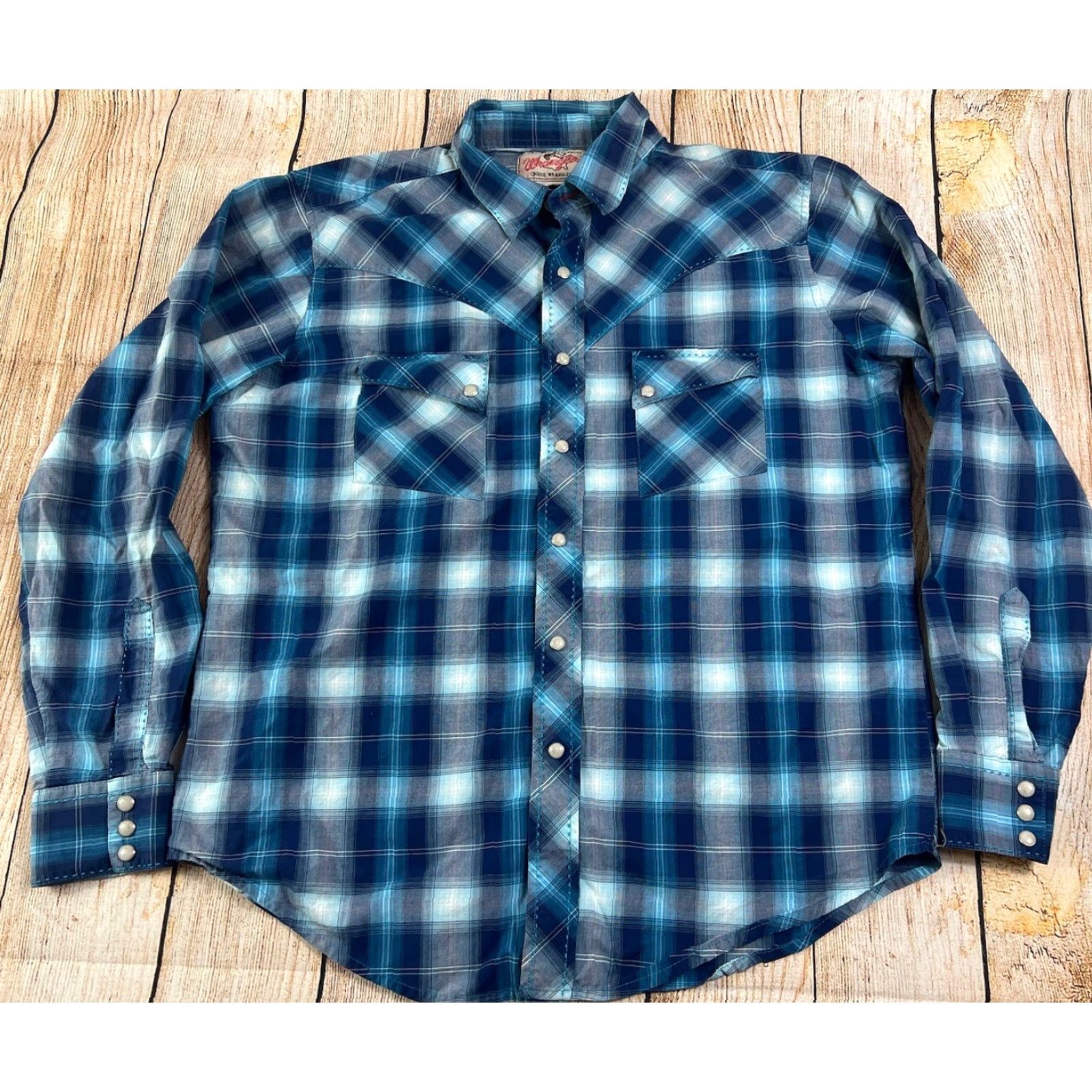 Wrangler VINTAGE Wrangler Shirt Western American Cowboys Pearl Snap Button Blue Large Mens Long Sleeve Button-Up Flannel Western Theme Size US L / EU 52-54 / 3 - 2 Thumbnail